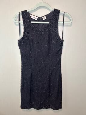 Vintage Laurence Kazar Womens S Mini Dress Beaded Silk Black Zipper Slit Formal